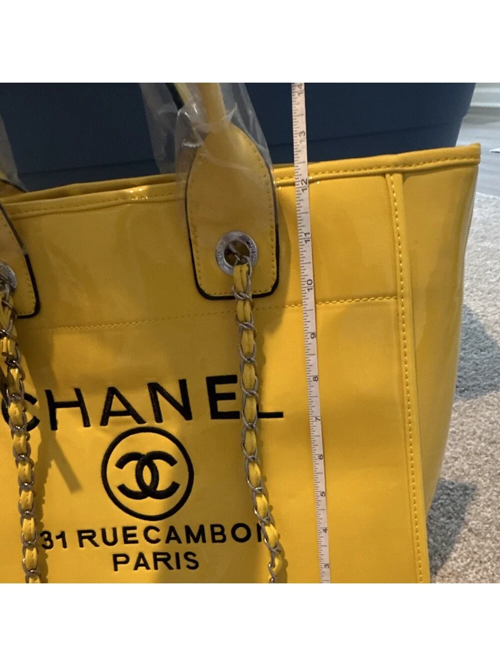 CHANEL Yellow Tote Bag Chain Strap Top Handles Magnetic Close 31 Rue Cambon